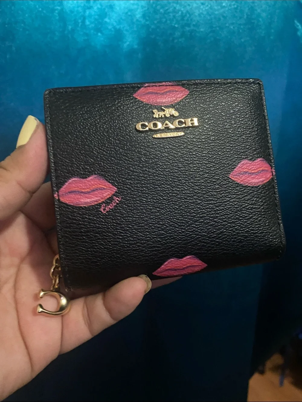 COACH Black Leather Wallet with Pink Kiss Print